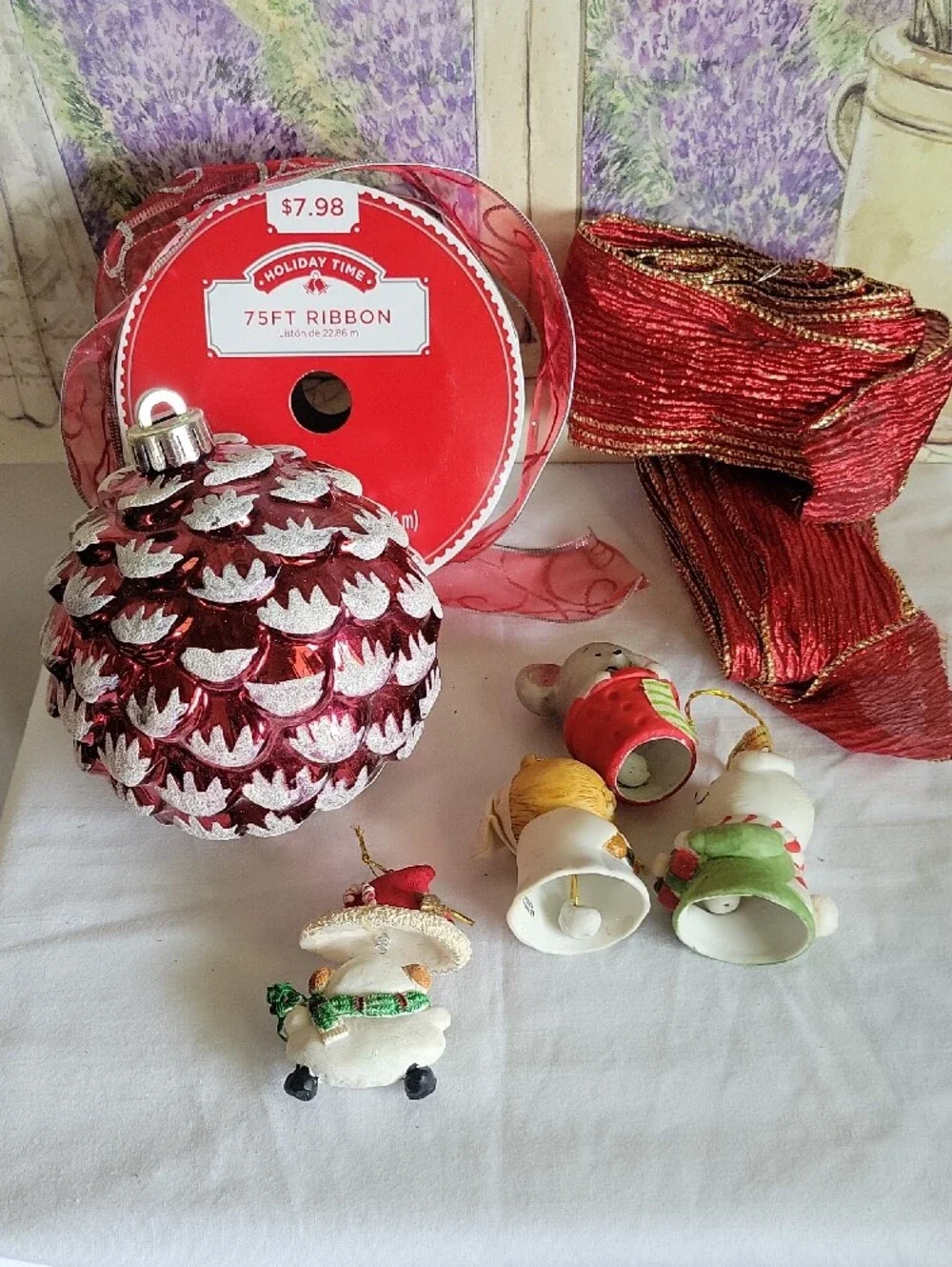 Vintage Holiday Decor Bundle Christmas Ribbon Ornaments Little Chimers Porcelain